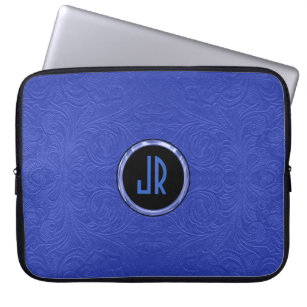 Monogramed Blue Suede Leather Floral Design Laptop Sleeve