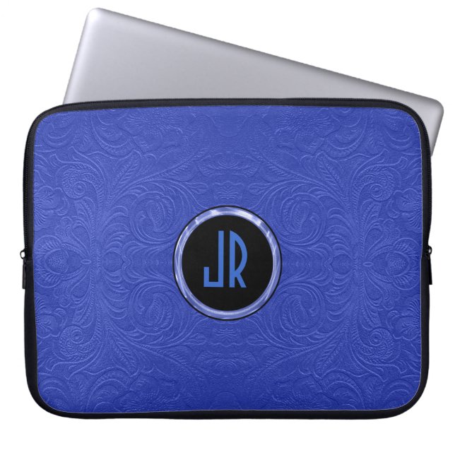 Monogramed Blue Suede Leather Floral Design Laptop Sleeve (Front)