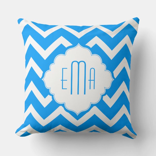 Monogramed Blue & White Geometric Zigzag Chevron Throw Pillow (Front)