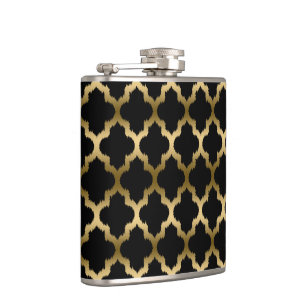 Monogramed Bold And Black Ikat Quatrefoil Hip Flask