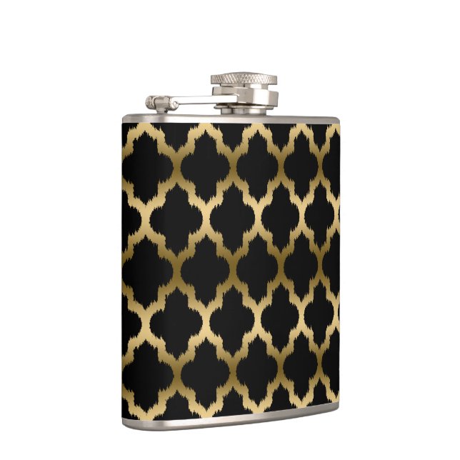 Monogramed Bold And Black Ikat Quatrefoil Hip Flask (Right)