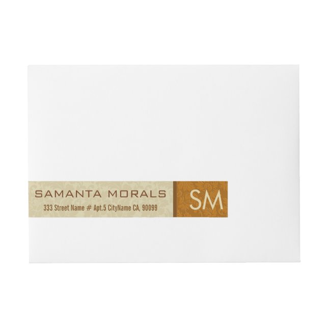 Monogramed Bold Modern Beige & Brown Damasks Wraparound Address Label (Front)