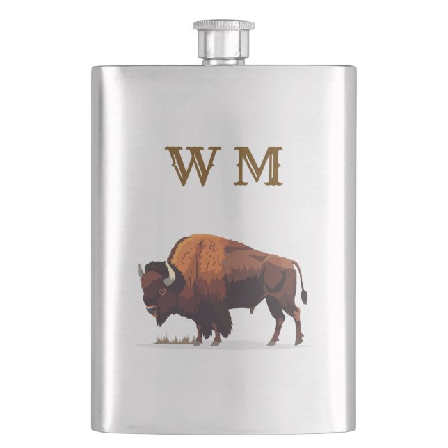 Monogramed Buffalo Bison On Stainless Steel Flask (Front)