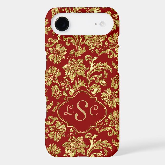 Monogramed Burgundy & Gold Floral Damasks Case-Mate iPhone Case (Back)
