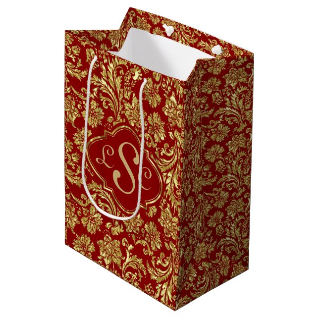 Monogramed Burgundy & Metallic Gold Floral Damasks Medium Gift Bag (Front Angled)