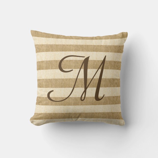 Monogramed Burlap Stripes Throw Pillow (Front)