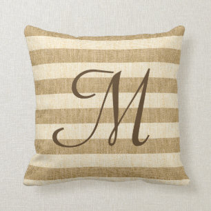 Monogramed Burlap Stripes Throw Pillow