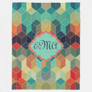 Monogramed Colourful Cubes Geometric Pattern Fleece Blanket