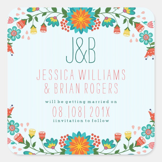 Monogramed Colourful Floral Frame Illustration Square Sticker (Front)