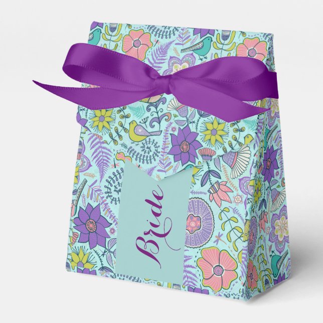 Monogramed Colourful Retro Flowers And Birds 2 Favor Box (Front Side)