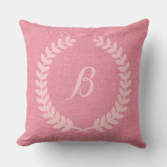 Monogramed Coral Red Linen And Pink Wreath Throw Pillow (Front)