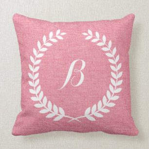 Monogramed Coral Red Linen And White Wreath Throw Pillow