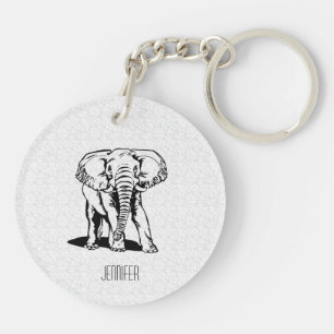 Monogramed Cute Black Elephant Line Drawing Keychain
