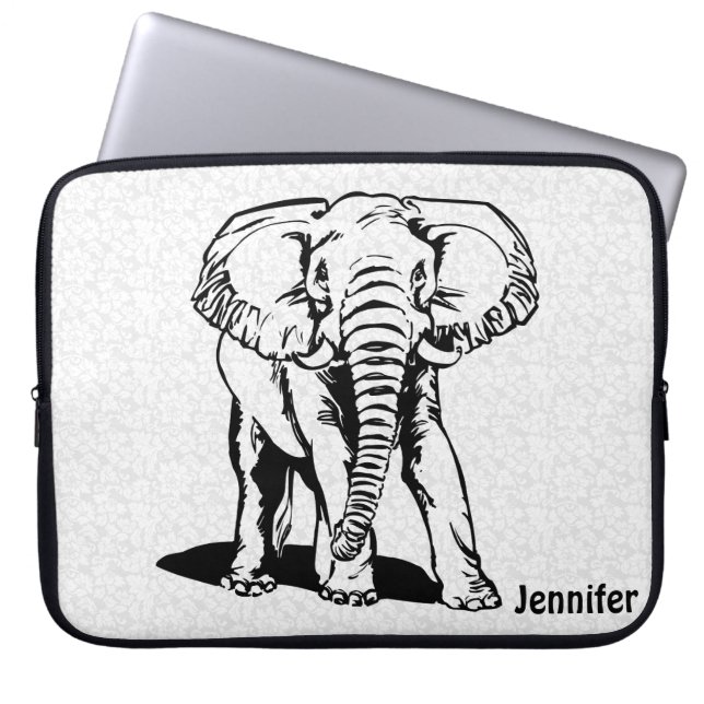 Monogramed Cute Black Elephant Line Drawing Laptop Sleeve (Front)