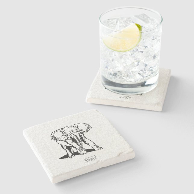 Monogramed Cute Black Elephant Line Drawing Stone Coaster (Side)