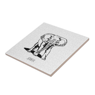 Monogramed Cute Black Elephant Line Drawing Tile