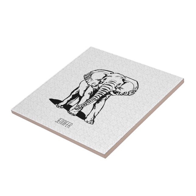 Monogramed Cute Black Elephant Line Drawing Tile (Side)