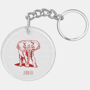 Monogramed Cute Dark Red Elephant Line Drawing Keychain