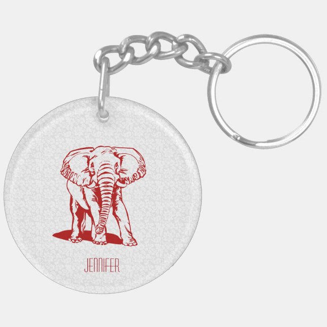 Monogramed Cute Dark Red Elephant Line Drawing Keychain (Back Right)