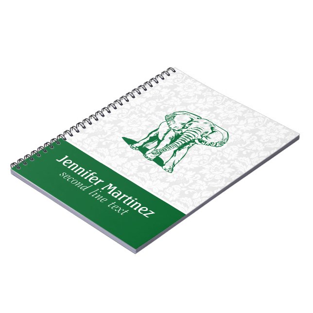 Monogramed Cute Hunter Green Elephant Line Drawing Notebook (Left Side)