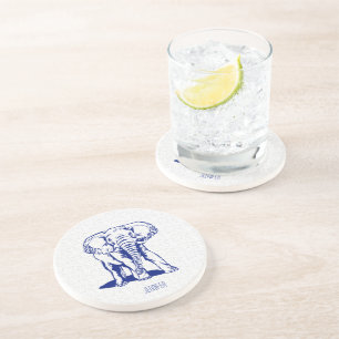 Monogramed Cute Navy Blue Elephant Line Drawing Coaster