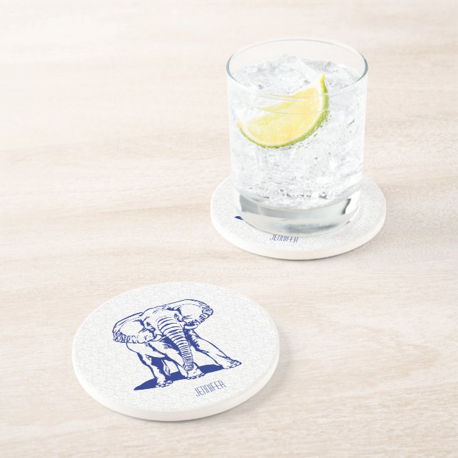 Monogramed Cute Navy Blue Elephant Line Drawing Coaster (Side)
