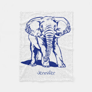 Monogramed Cute Navy Blue Elephant Line Drawing Fleece Blanket