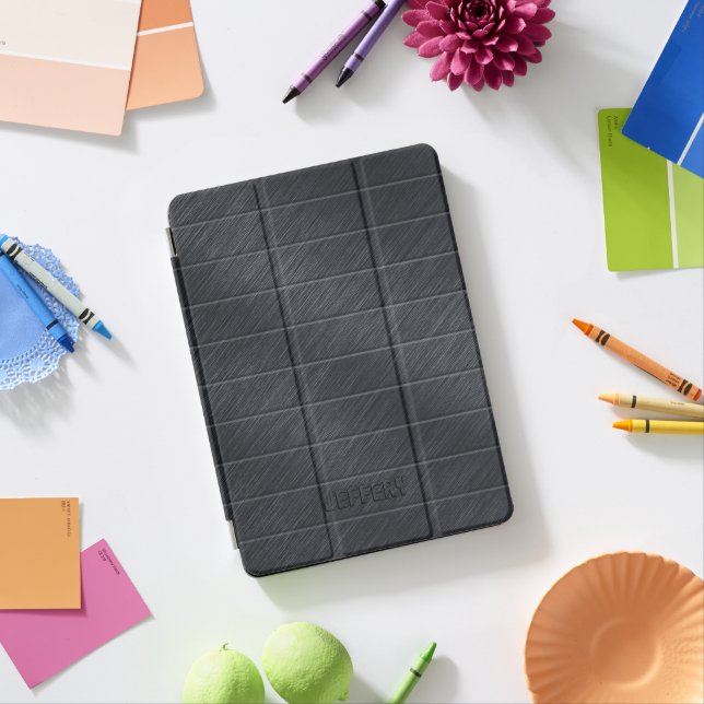 Monogramed Dark Grey Carbon Fibre Metallic Texture iPad Pro Cover (Desk)