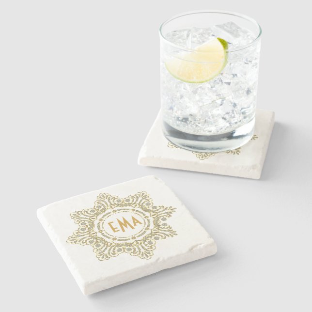 Monogramed Diamonds And Gold Floral Circle Frame Stone Coaster (Side)