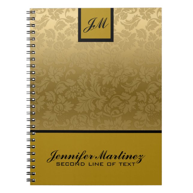 Monogramed Elegant Gold Monotones Damasks Pattern Notebook (Front)