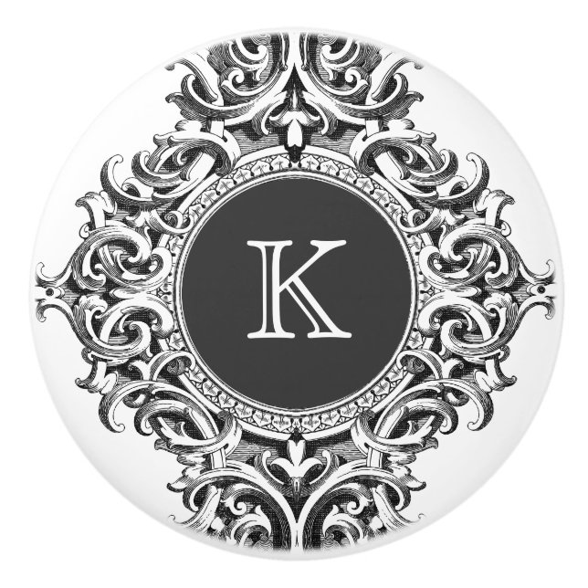 Monogramed Elegant Grey Floral Ornament Ceramic Knob (Front)