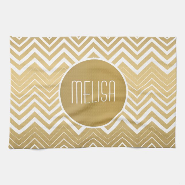 Monogramed Gold And White Zigzag Chevron Kitchen Towel (Horizontal)