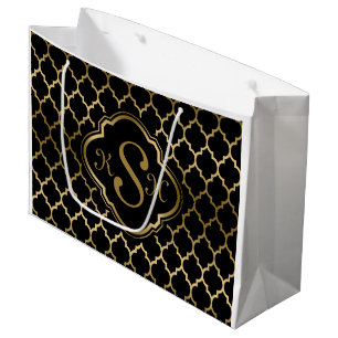 Monogramed Gold & Black Quatrefoil Pattern Large Gift Bag