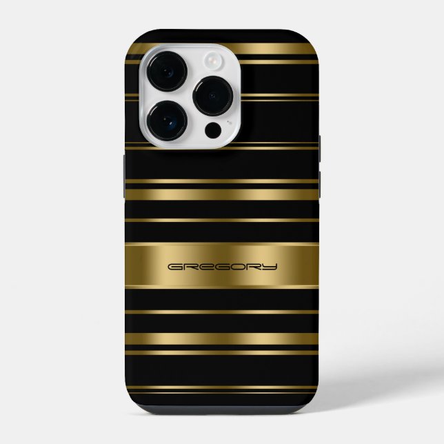 Monogramed Gold & Black Stripes Pattern iPhone Case (Back)