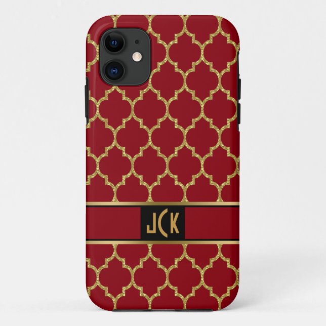 Monogramed Gold & Burgundy Geometric Quatrefoil 2 Case-Mate iPhone Case (Back)