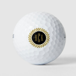 Monogramed Gold Glitter Wreath Black Circle Golf Balls