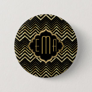 Monogramed Gold Glitter & Zigzag Chevron Pattern 2 Inch Round Button