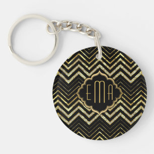 Monogramed Gold Glitter & Zigzag Chevron Pattern Keychain