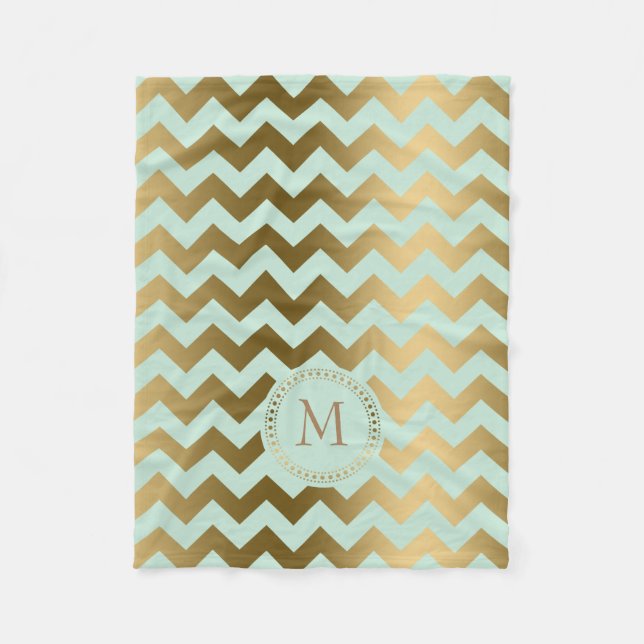 Monogramed Gold & Mint-Green Zigzag Chevron Fleece Blanket (Front)