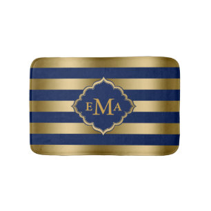 Monogramed Gold Stripes Geometric Pattern Bath Mat