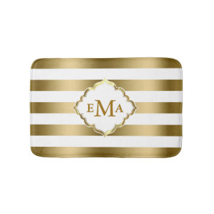Monogramed Gold Stripes Geometric Pattern Bath Mat