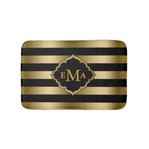 Monogramed Gold Stripes Geometric Pattern Bath Mat