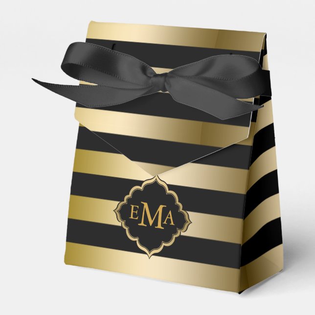Monogramed Gold Stripes Geometric Pattern Favor Box (Front Side)