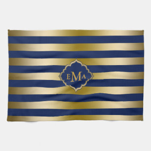 Monogramed Gold Stripes Geometric Pattern Kitchen Towel