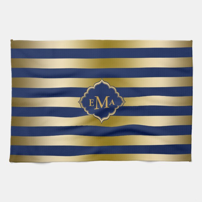 Monogramed Gold Stripes Geometric Pattern Kitchen Towel (Horizontal)
