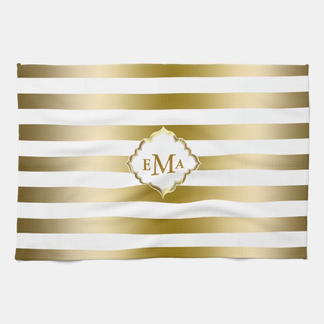 Monogramed Gold Stripes Geometric Pattern Kitchen Towel (Horizontal)