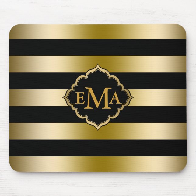 Monogramed Gold Stripes Geometric Pattern Mouse Pad (Front)