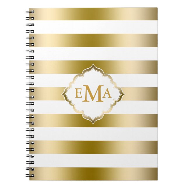 Monogramed Gold Stripes Geometric Pattern Notebook (Front)