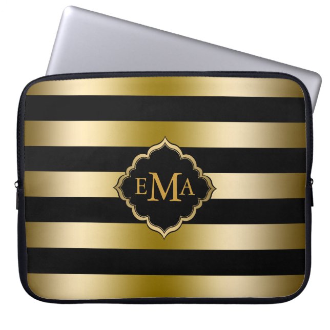 Monogramed Gold Tones & Black Stripes Pattern Laptop Sleeve (Front)