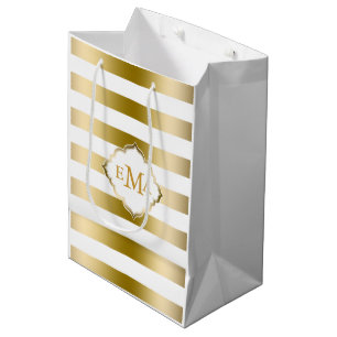 Monogramed Gold Tones & White Stripes Pattern Medium Gift Bag